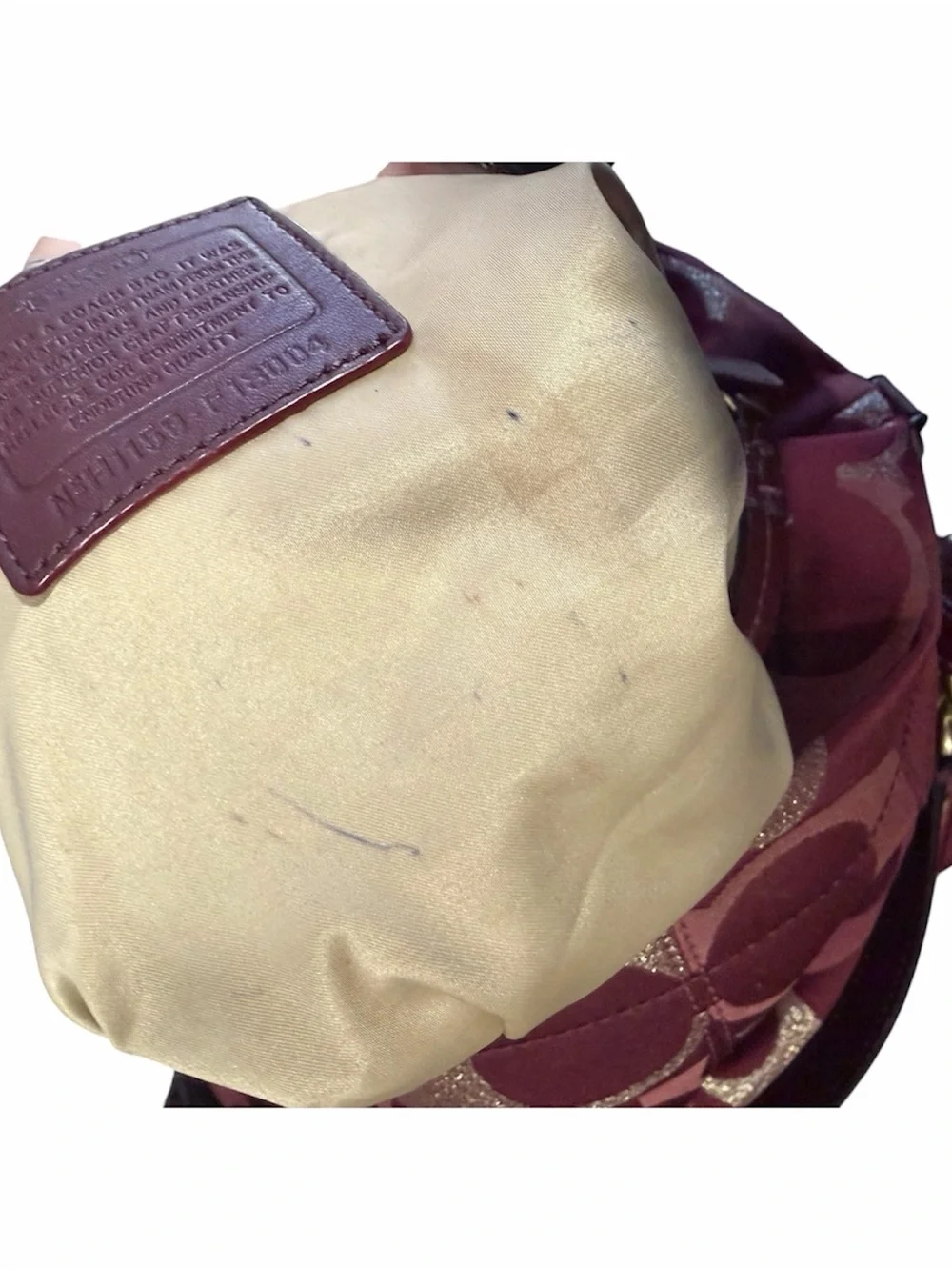 Coach Poppy Signature Sateen Hobo Shoulder Bag Burgundy Pink Metallic Gold Y2K
